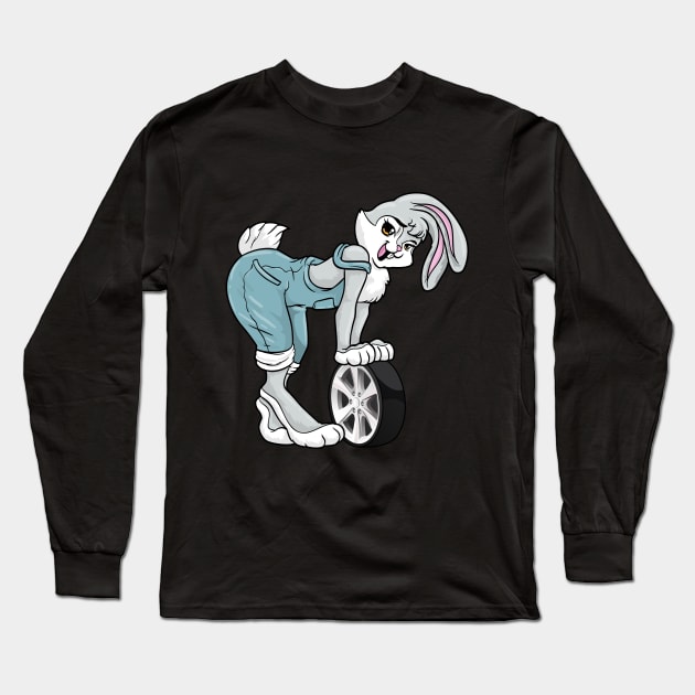 Funny mechanic bunny with a tire Long Sleeve T-Shirt by Markus Schnabel